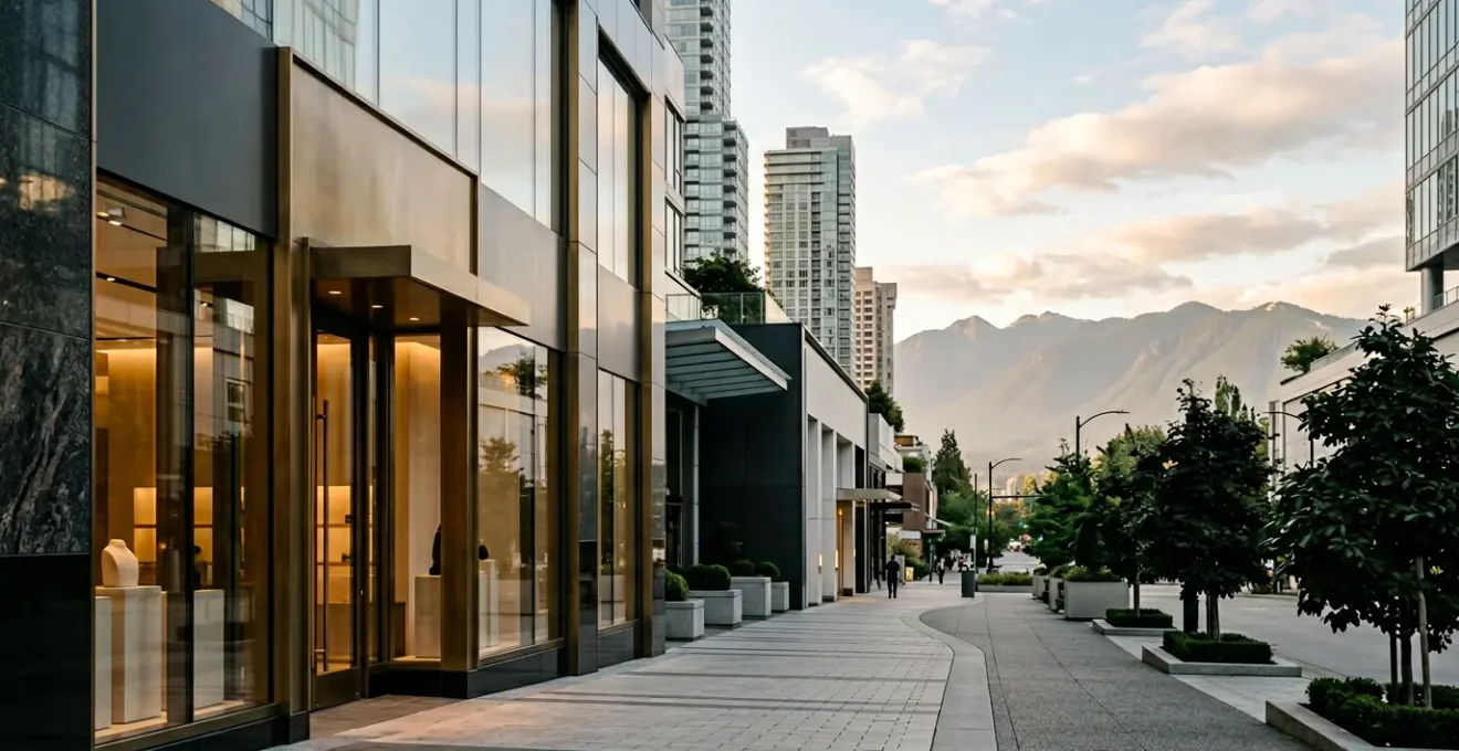High-end designer boutique storefront on Alberni Street with elegant window display and refined urban architecture