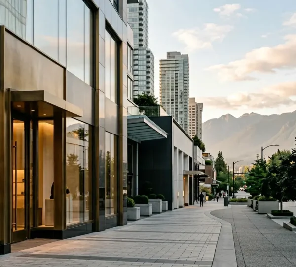 High-end designer boutique storefront on Alberni Street with elegant window display and refined urban architecture