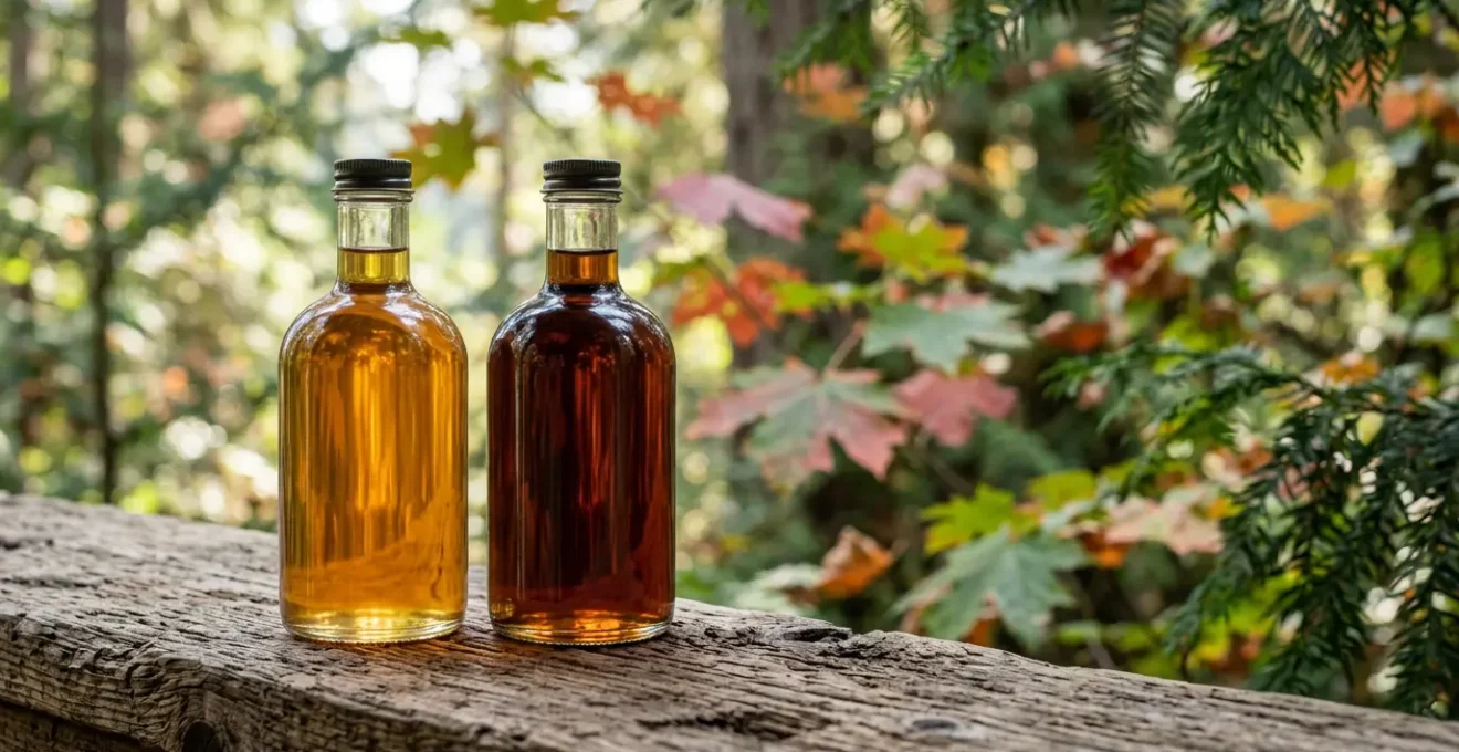 Two elegant glass bottles of Canadian maple syrup, one amber and one dark grade, displayed on rustic wooden surface with soft natural lighting and British Columbia forest atmosphere in background