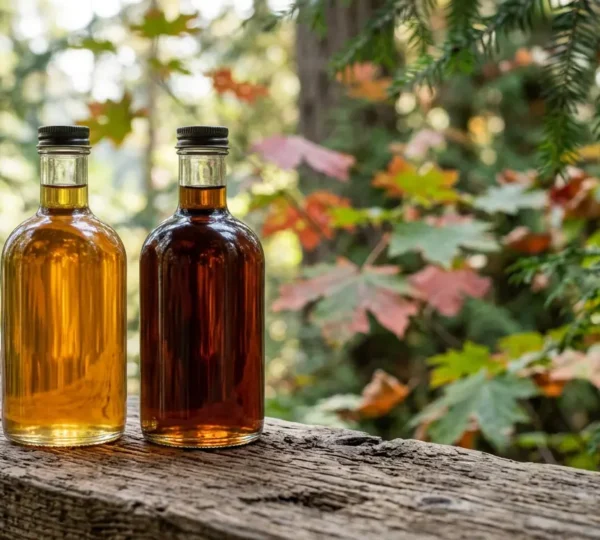 Two elegant glass bottles of Canadian maple syrup, one amber and one dark grade, displayed on rustic wooden surface with soft natural lighting and British Columbia forest atmosphere in background