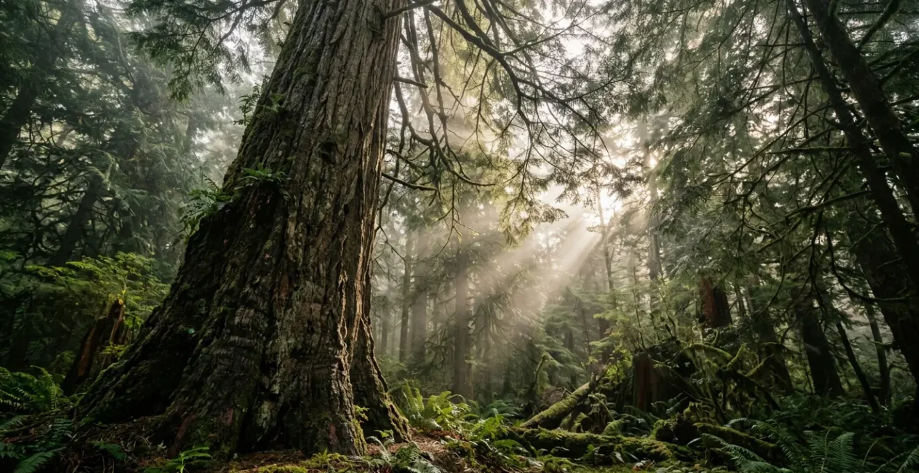 Majestic old-growth Douglas Fir towering in Stanley Park rainforest with dappled sunlight filtering through dense canopy