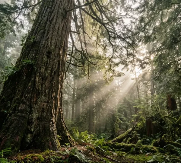 Majestic old-growth Douglas Fir towering in Stanley Park rainforest with dappled sunlight filtering through dense canopy