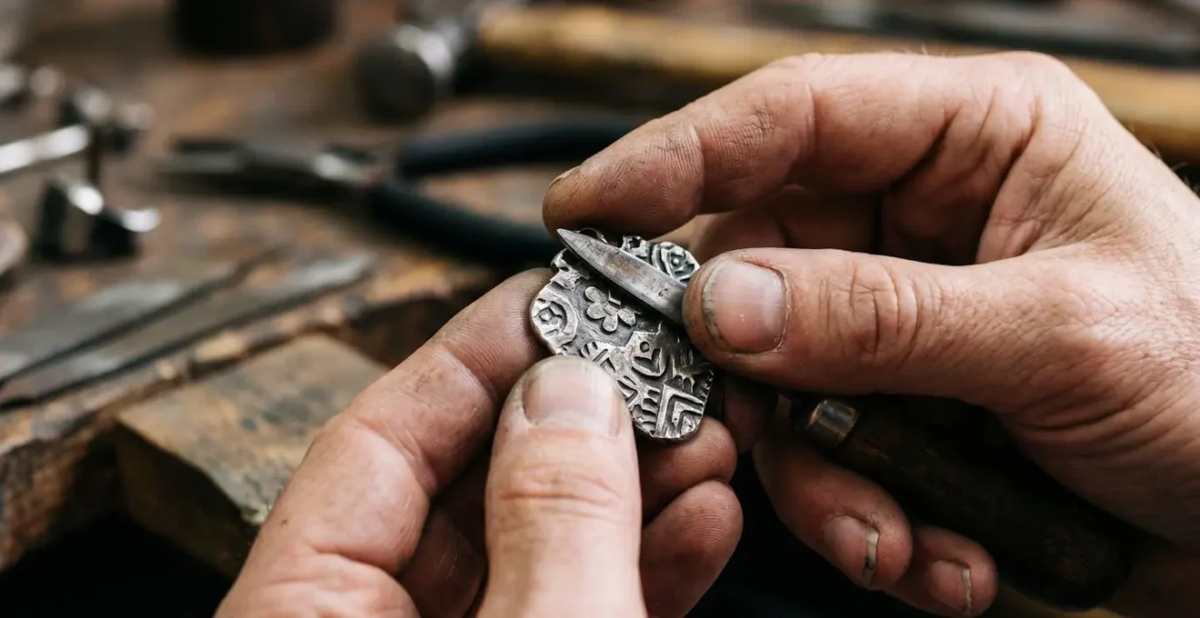 Extreme close-up of artisan hands delicately working on handcrafted metal jewelry piece with shallow depth of field highlighting intricate texture