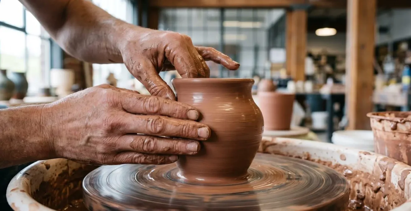 Close-up of artisan hands shaping wet clay on spinning pottery wheel with natural window light
