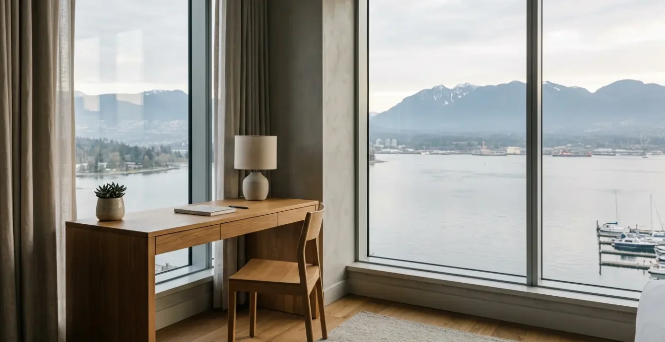 Modern boutique hotel room with floor-to-ceiling windows overlooking Vancouver's Coal Harbour, featuring a minimalist workspace and natural light