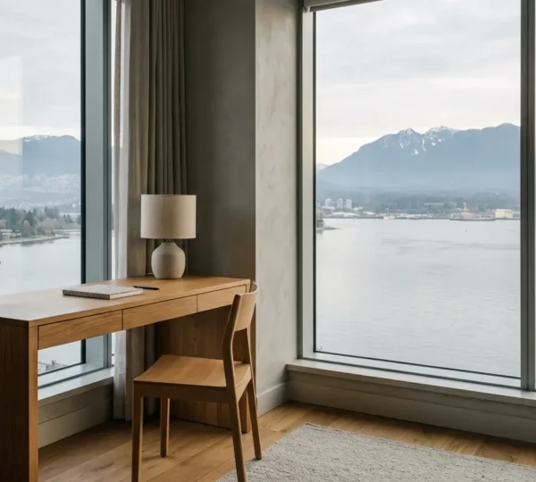 Modern boutique hotel room with floor-to-ceiling windows overlooking Vancouver's Coal Harbour, featuring a minimalist workspace and natural light