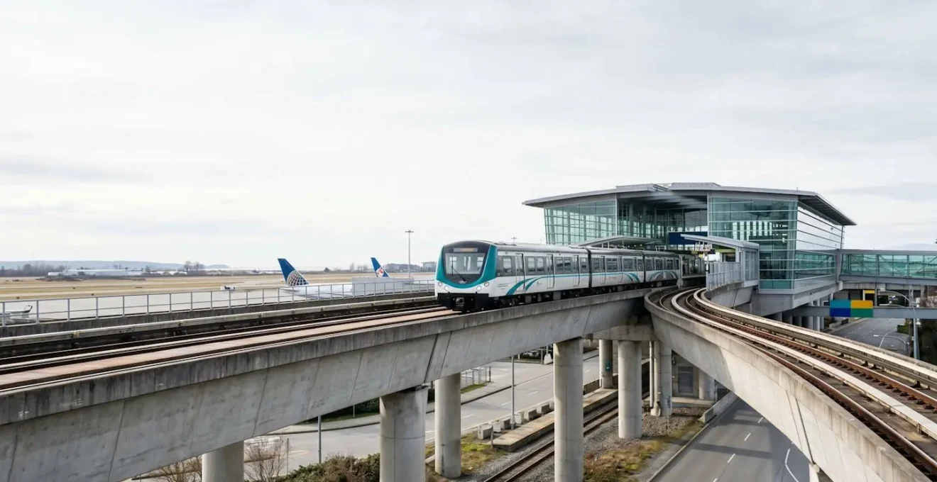 Wide angle view of automated Canada Line train arriving at elevated YVR Airport station platform in Richmond British Columbia