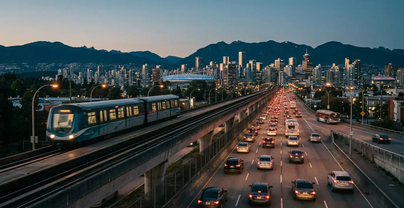Split scene comparing public transit and rideshare options during Vancouver rush hour commute