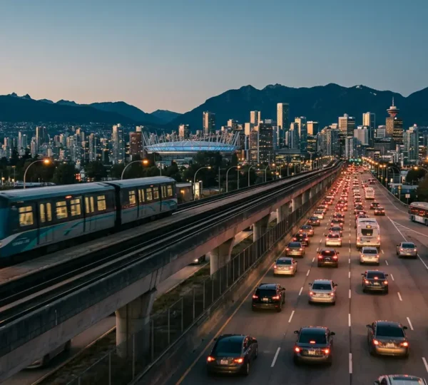 Split scene comparing public transit and rideshare options during Vancouver rush hour commute