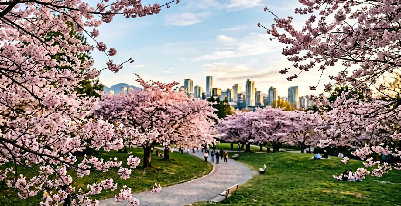 Delicate pink cherry blossoms in full bloom framing Vancouver's downtown skyline from Queen Elizabeth Park during peak sakura season