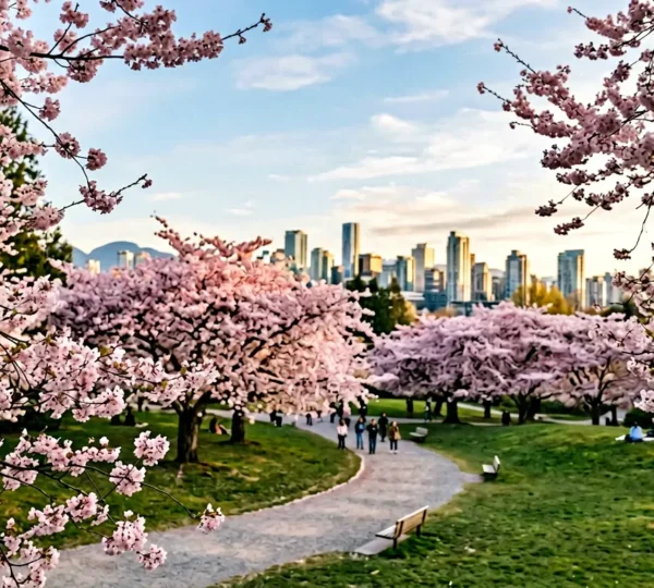 Delicate pink cherry blossoms in full bloom framing Vancouver's downtown skyline from Queen Elizabeth Park during peak sakura season
