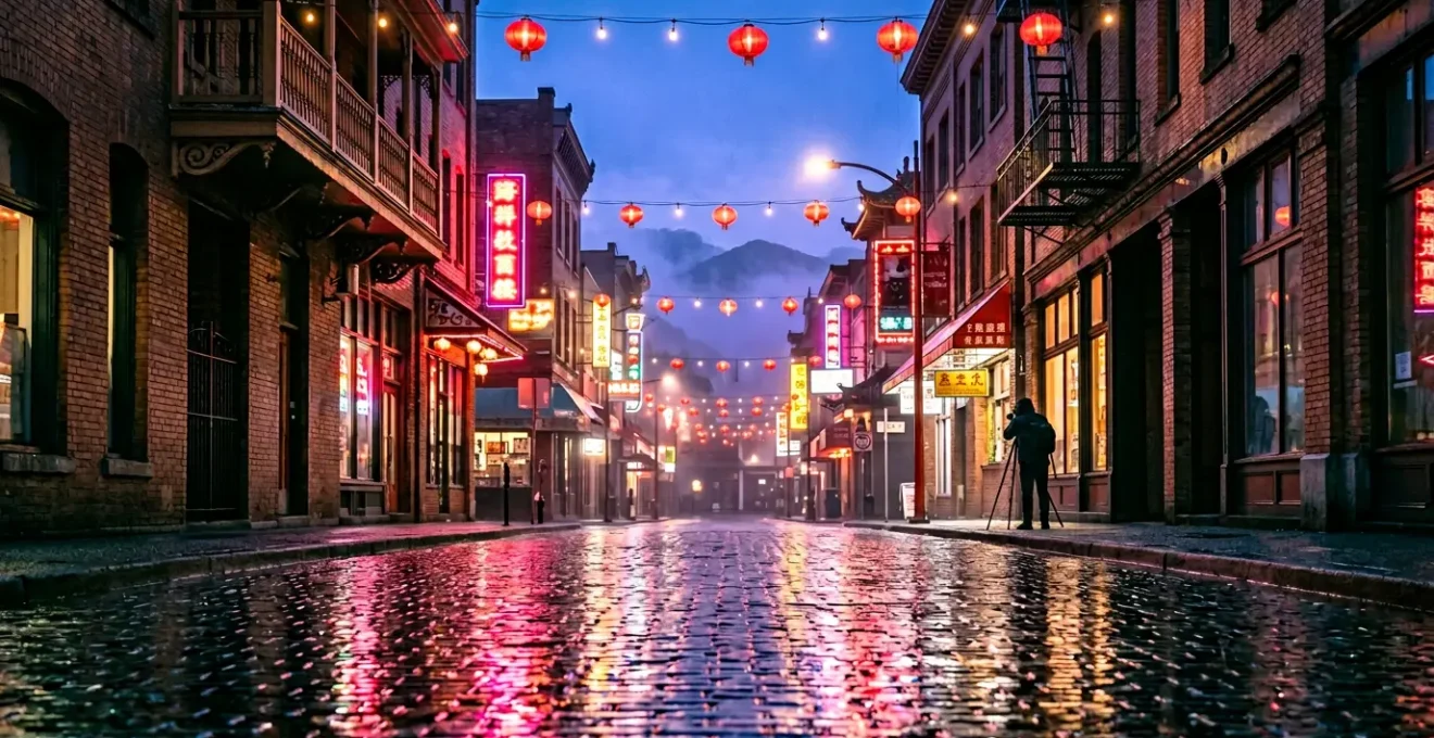 Vibrant neon signs illuminating a rainy street in Vancouver's Chinatown at twilight with photographer silhouette