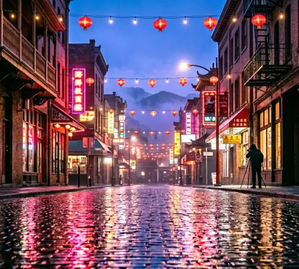 Vibrant neon signs illuminating a rainy street in Vancouver's Chinatown at twilight with photographer silhouette