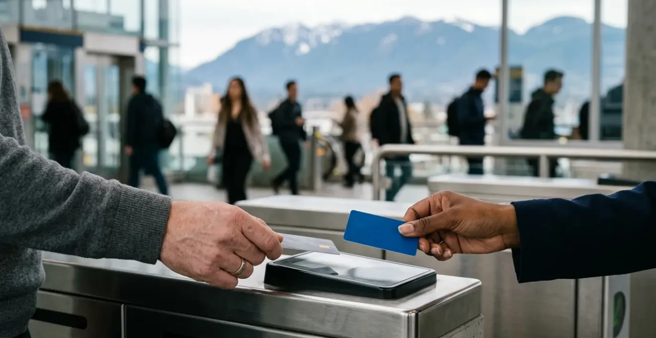 Close-up of hands comparing transit payment options with natural Vancouver skyline background