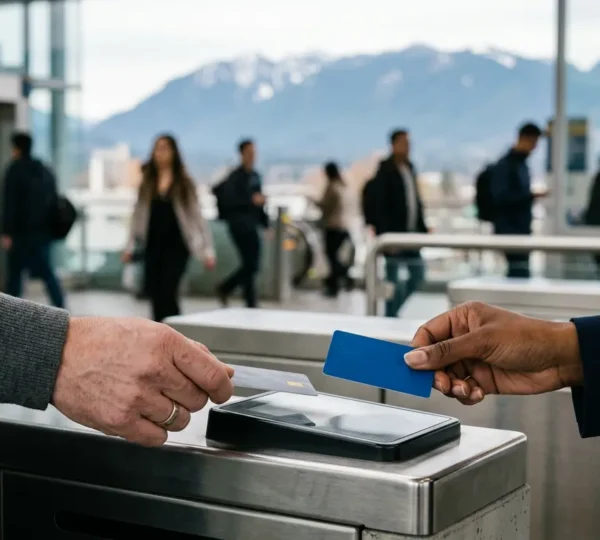 Close-up of hands comparing transit payment options with natural Vancouver skyline background