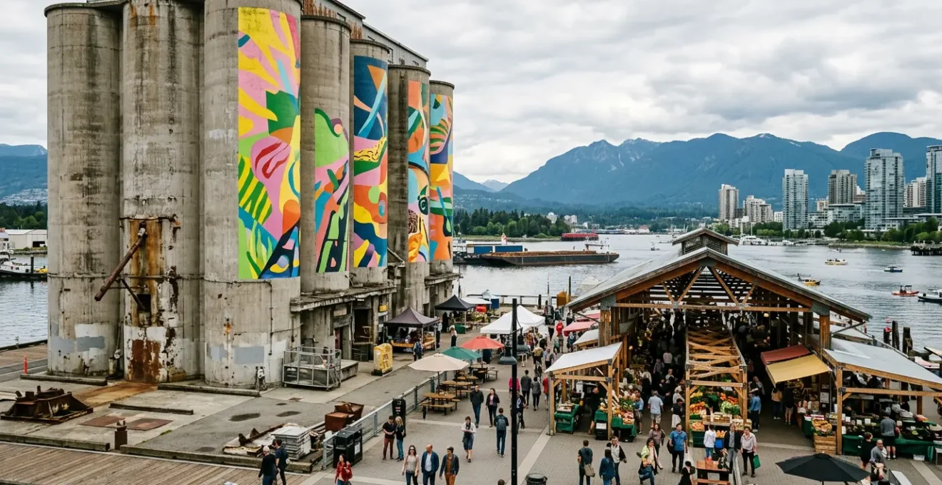 Industrial concrete silos with vibrant street art standing beside colorful public market buildings at Vancouver waterfront