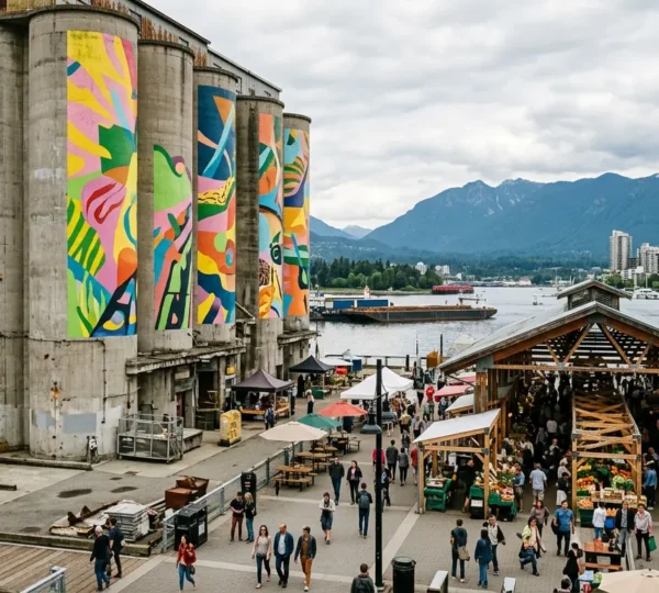 Industrial concrete silos with vibrant street art standing beside colorful public market buildings at Vancouver waterfront