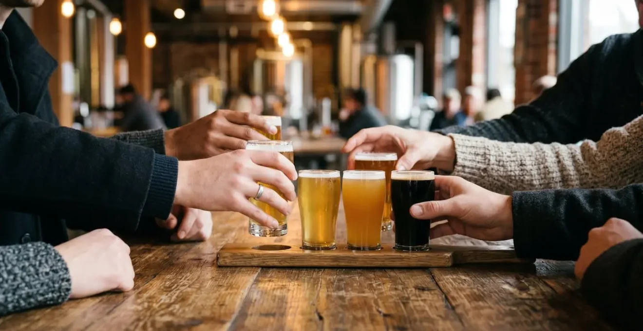 Craft beer flight with various beer styles in industrial brewery setting