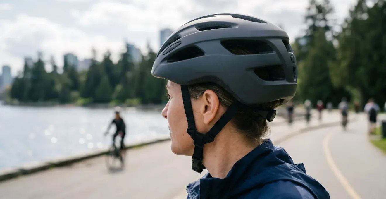 Close-up of properly fitted cycling helmet on rider with Vancouver seawall and ocean in soft-focus background