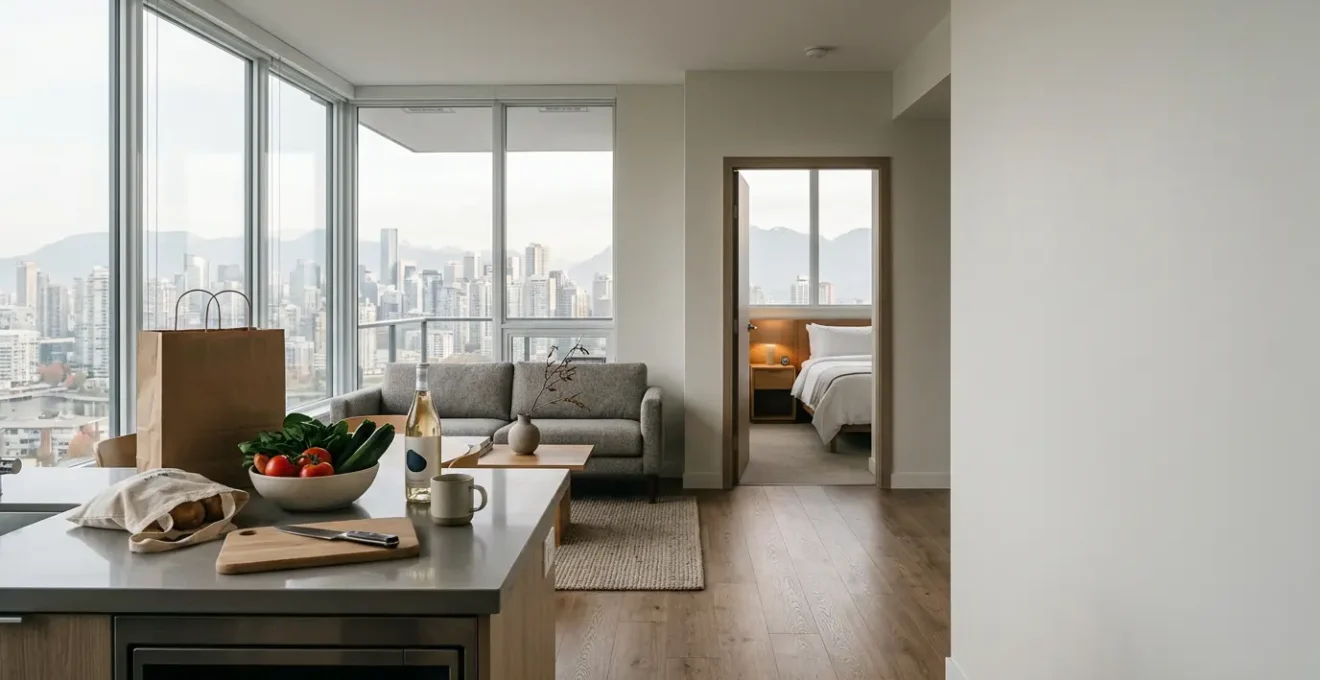 Spacious modern aparthotel suite with separate bedroom and living area, featuring full kitchen and family-friendly layout in downtown Vancouver