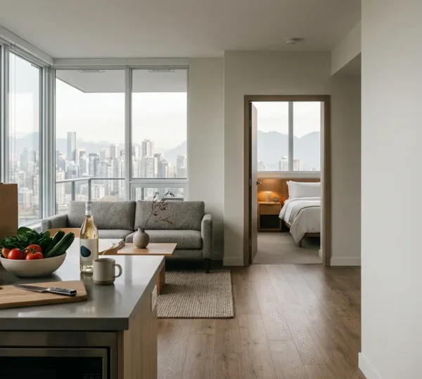 Spacious modern aparthotel suite with separate bedroom and living area, featuring full kitchen and family-friendly layout in downtown Vancouver