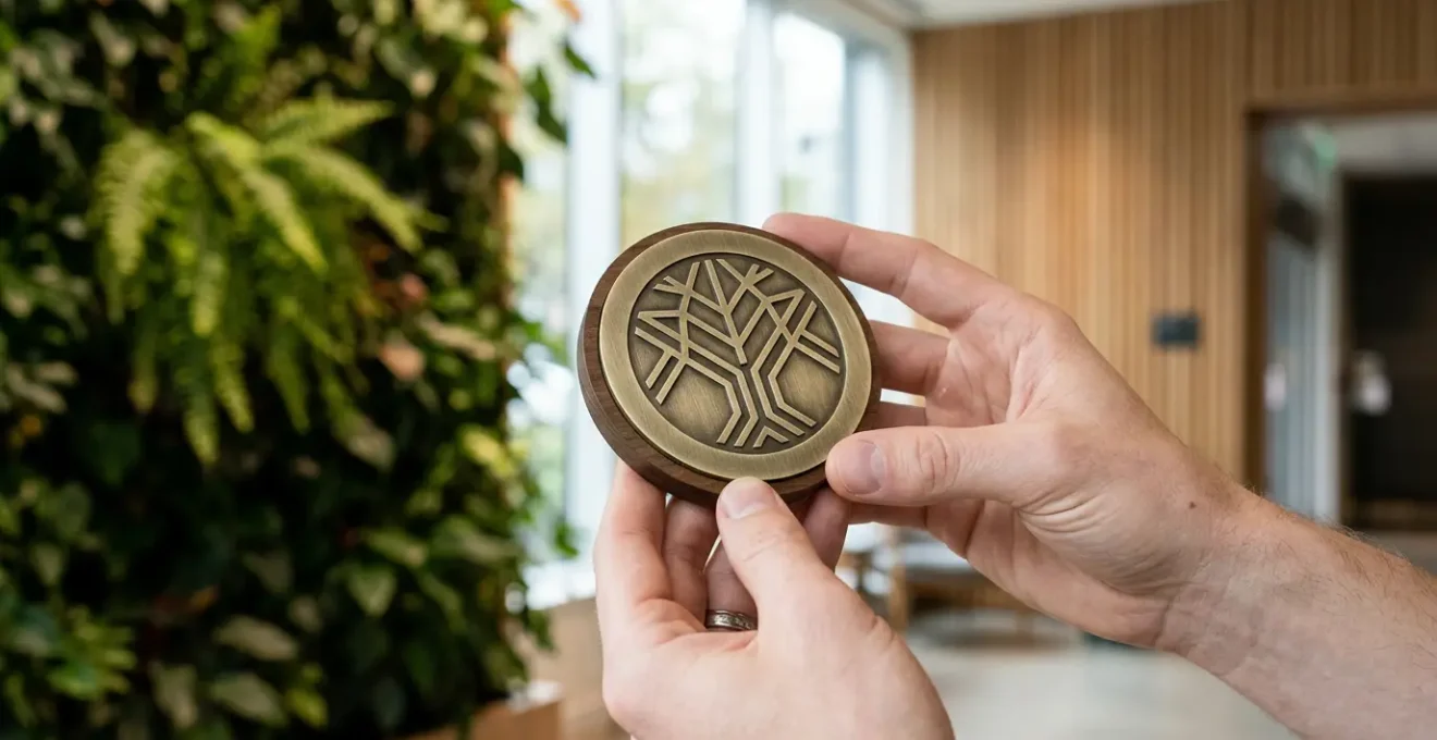 Professional guest examining eco-certification plaque in modern sustainable hotel lobby with natural lighting and green elements