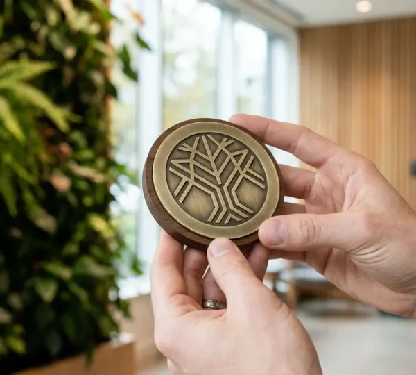 Professional guest examining eco-certification plaque in modern sustainable hotel lobby with natural lighting and green elements