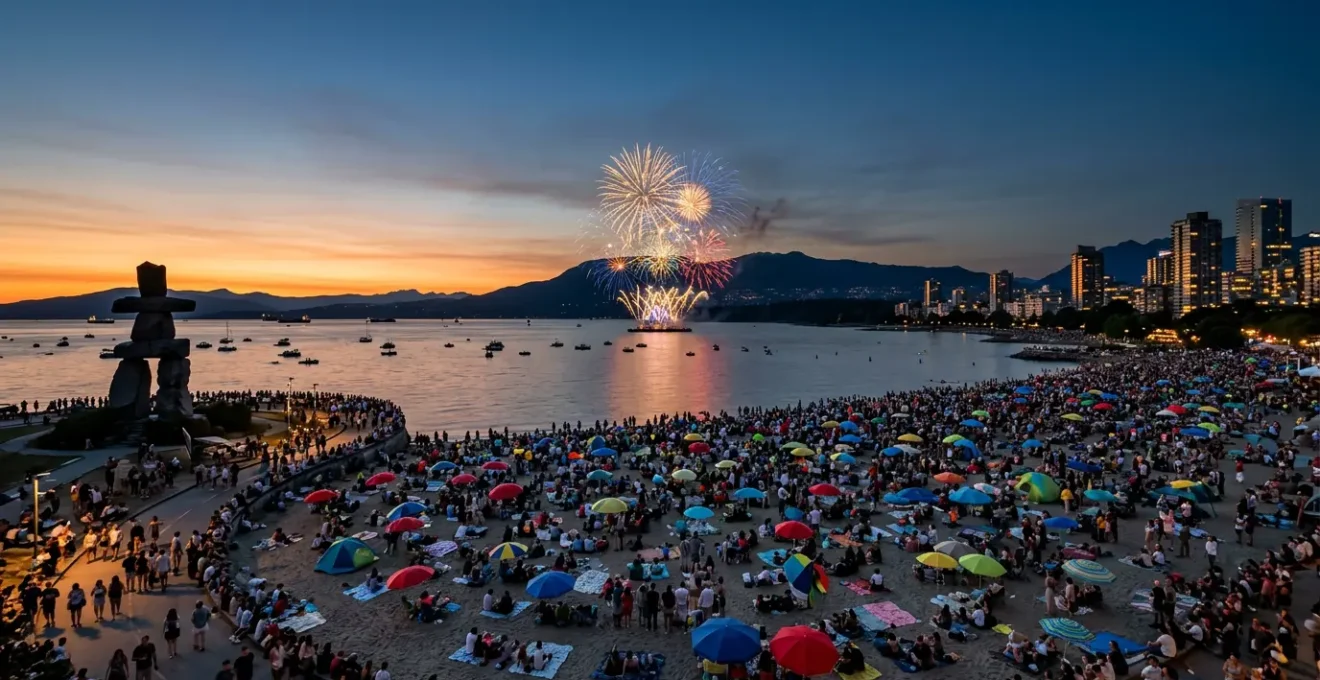 Wide angle view of English Bay Beach during Celebration of Light fireworks with massive crowd gathered on sandy shoreline at golden hour