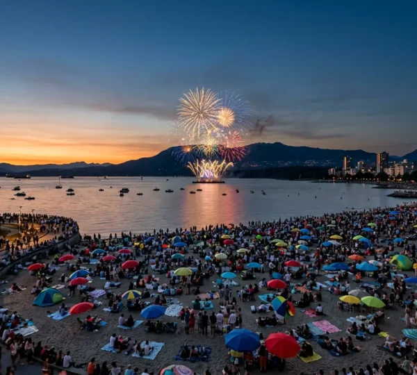 Wide angle view of English Bay Beach during Celebration of Light fireworks with massive crowd gathered on sandy shoreline at golden hour