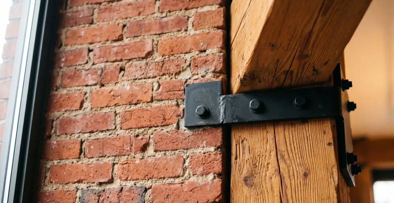 Raw exposed brick wall with heavy timber beams and modern steel seismic reinforcement brackets in industrial loft space