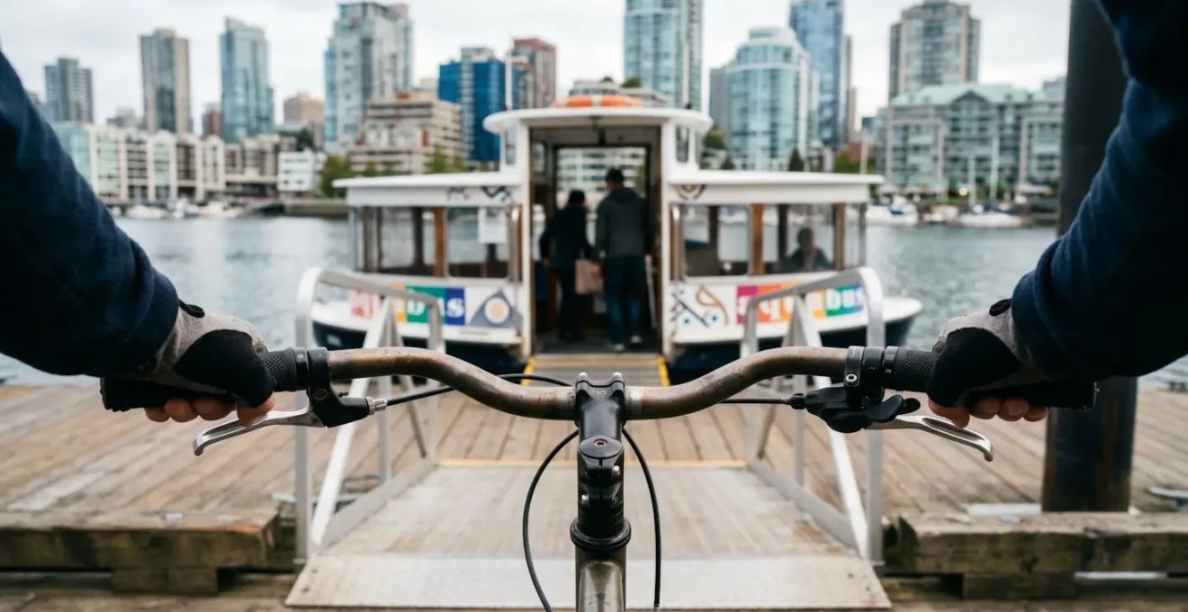Cyclist with bike boarding small passenger ferry on False Creek with urban Vancouver skyline background