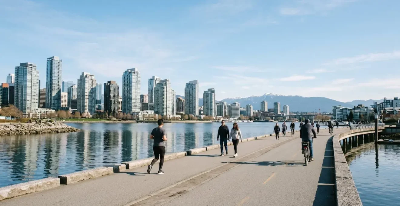 Wide perspective of False Creek seawall with pedestrians and cyclists enjoying waterfront pathway with Vancouver skyline in background