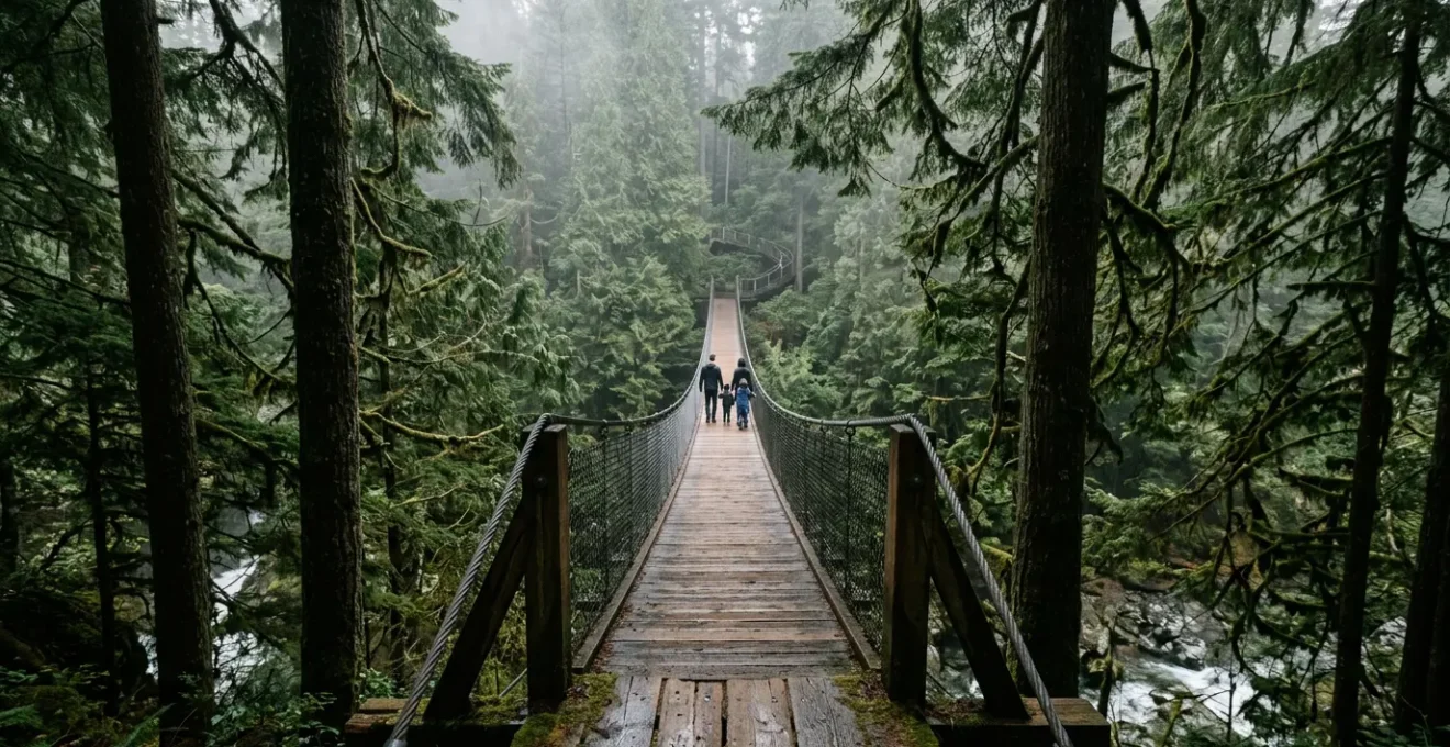 Family walking across suspension bridge surrounded by towering Douglas fir trees in Vancouver rainforest