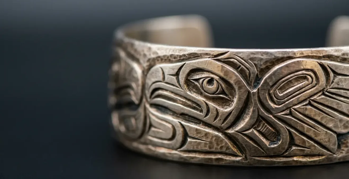 Close-up view of authentic First Nations silver jewelry featuring intricate Northwest Coast formline design carved into precious metal