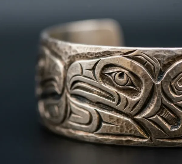 Close-up view of authentic First Nations silver jewelry featuring intricate Northwest Coast formline design carved into precious metal