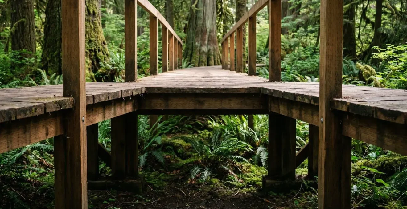 Cedar boardwalk elevated above forest floor protecting ancient tree roots with ferns growing underneath