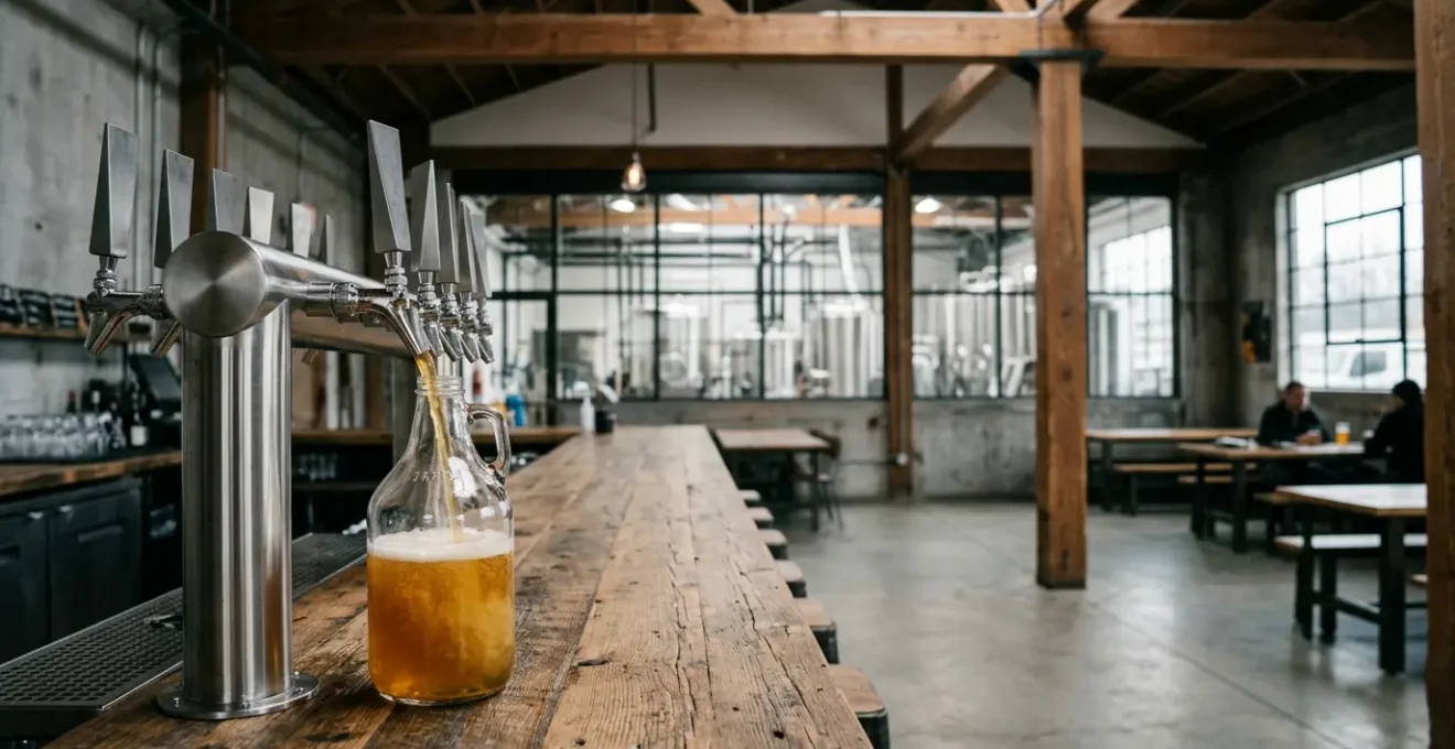 Fresh craft beer being poured into a glass growler at an East Vancouver brewery taproom
