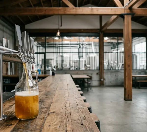 Fresh craft beer being poured into a glass growler at an East Vancouver brewery taproom