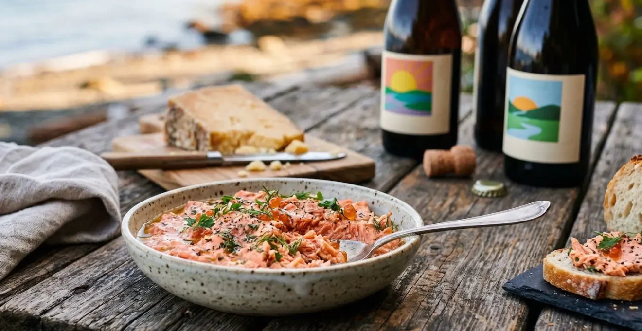 Artisan food vendor display with fresh salmon, cheese, and local produce arranged on rustic wooden surfaces
