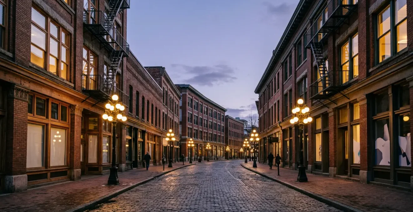 Atmospheric view of historic Gastown brick architecture and Victorian streetlamps at golden hour