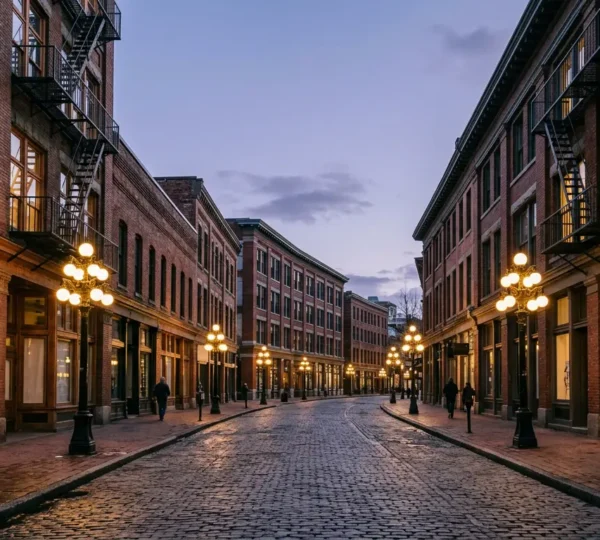 Atmospheric view of historic Gastown brick architecture and Victorian streetlamps at golden hour