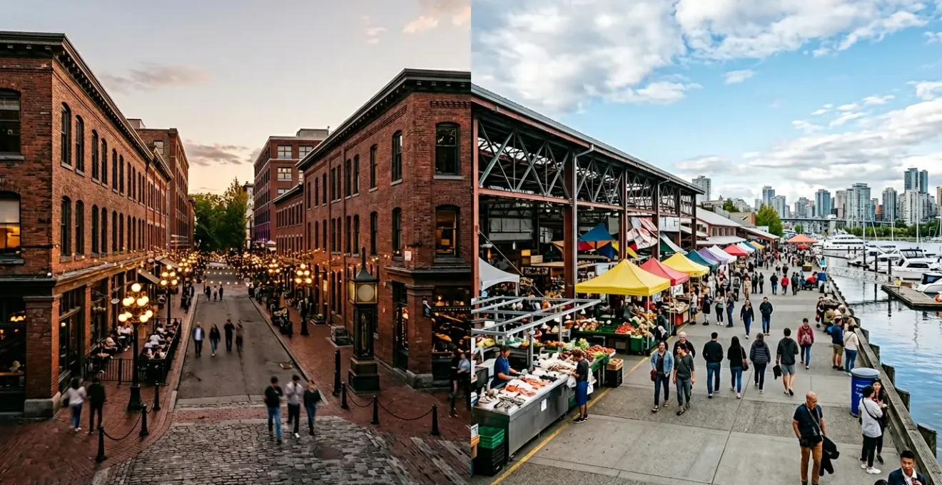 Comparison between Gastown historic cobblestone streets and Granville Island vibrant public market food tour experience in Vancouver