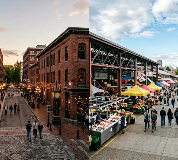 Comparison between Gastown historic cobblestone streets and Granville Island vibrant public market food tour experience in Vancouver