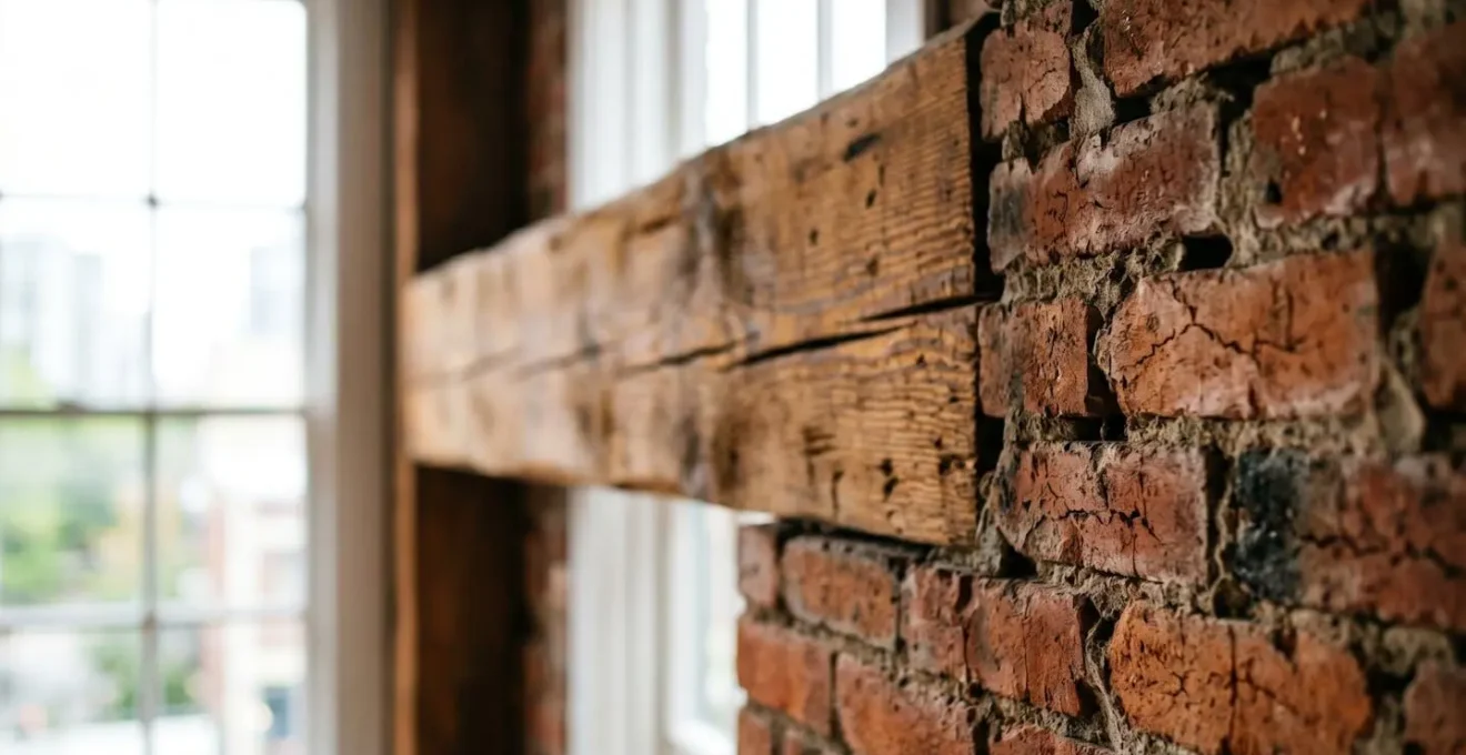 Interior view of heritage Gastown loft showcasing exposed brick walls and timber beams with natural window light