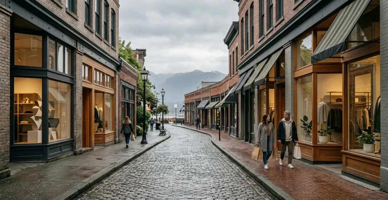 Stylish Vancouver shopping district with independent boutique storefronts and pedestrians on cobblestone street