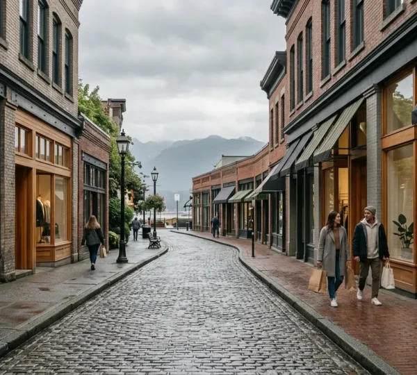 Stylish Vancouver shopping district with independent boutique storefronts and pedestrians on cobblestone street