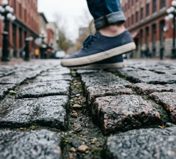 Close-up view of historic granite cobblestones on Water Street in Gastown Vancouver with pedestrian wearing practical flat footwear