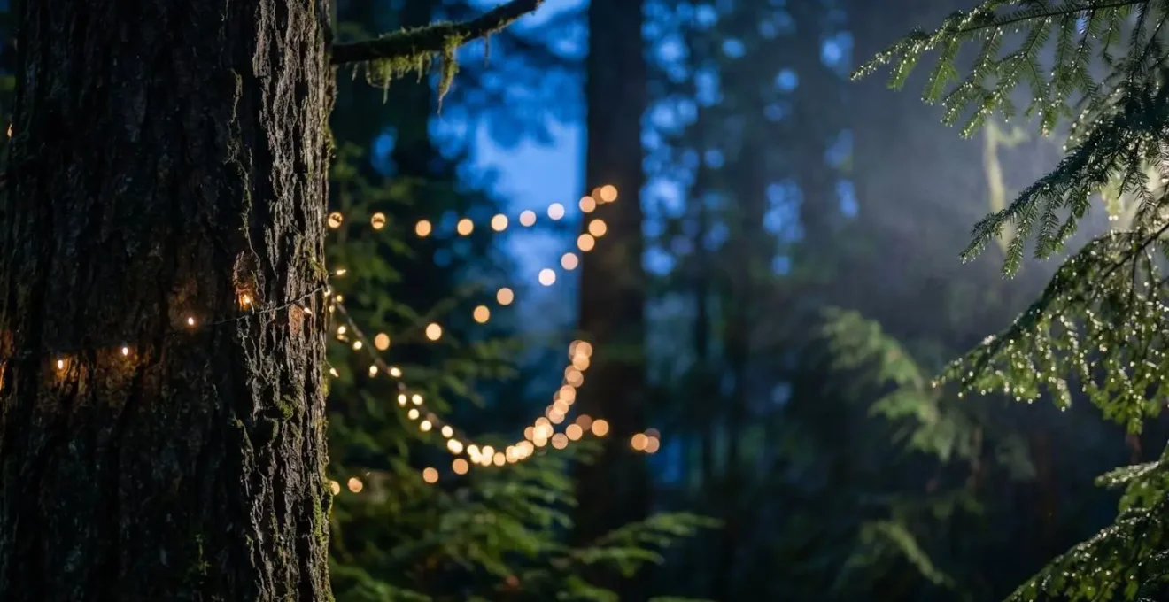 Illuminated forest canopy with twinkling lights at dusk in Vancouver rainforest park