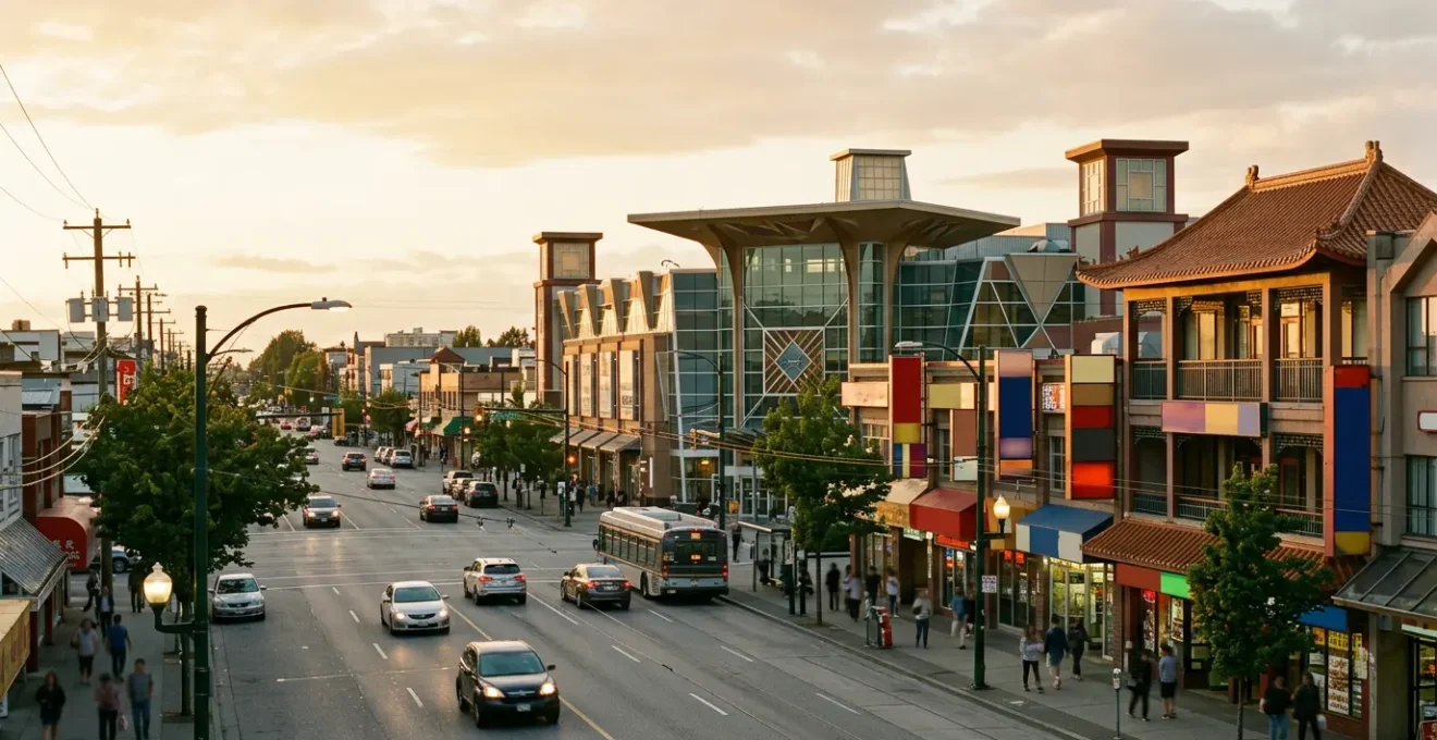 Vibrant Asian shopping district in Richmond with traditional architecture and modern storefronts under golden hour light