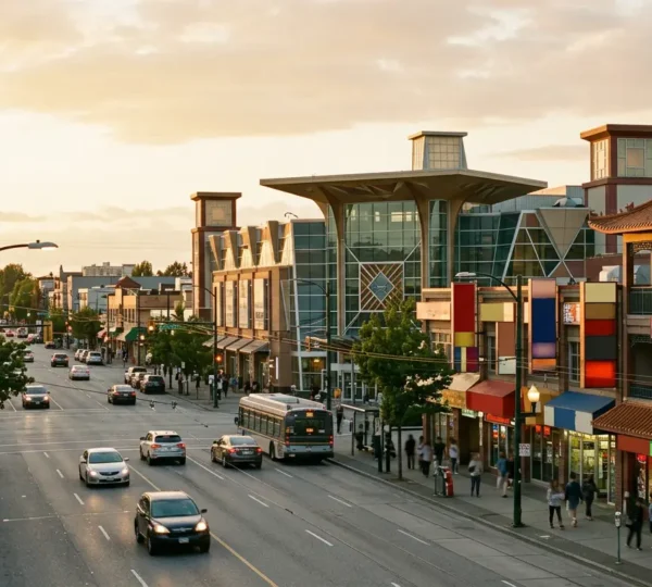 Vibrant Asian shopping district in Richmond with traditional architecture and modern storefronts under golden hour light